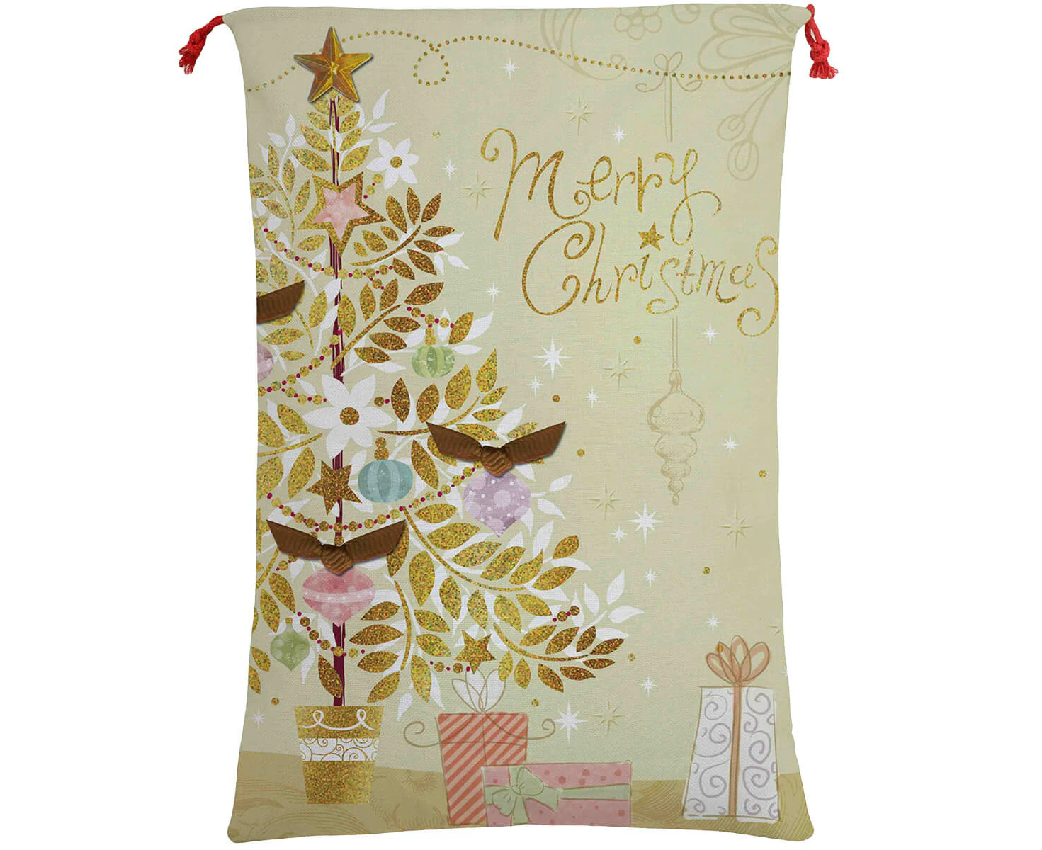 50x70cm Christmas Canvas Hessian Santa Sack Xmas Stocking Reindeer Kids Gift Bag - Merry Christmas Golden Tree