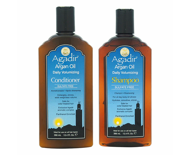 Argan Oil Daily Volumizing Shampoo and Conditioner Kit by Agadir for Unisex - 2 Pc Kit 12.4oz Shampoo, 12.4oz Conditioner