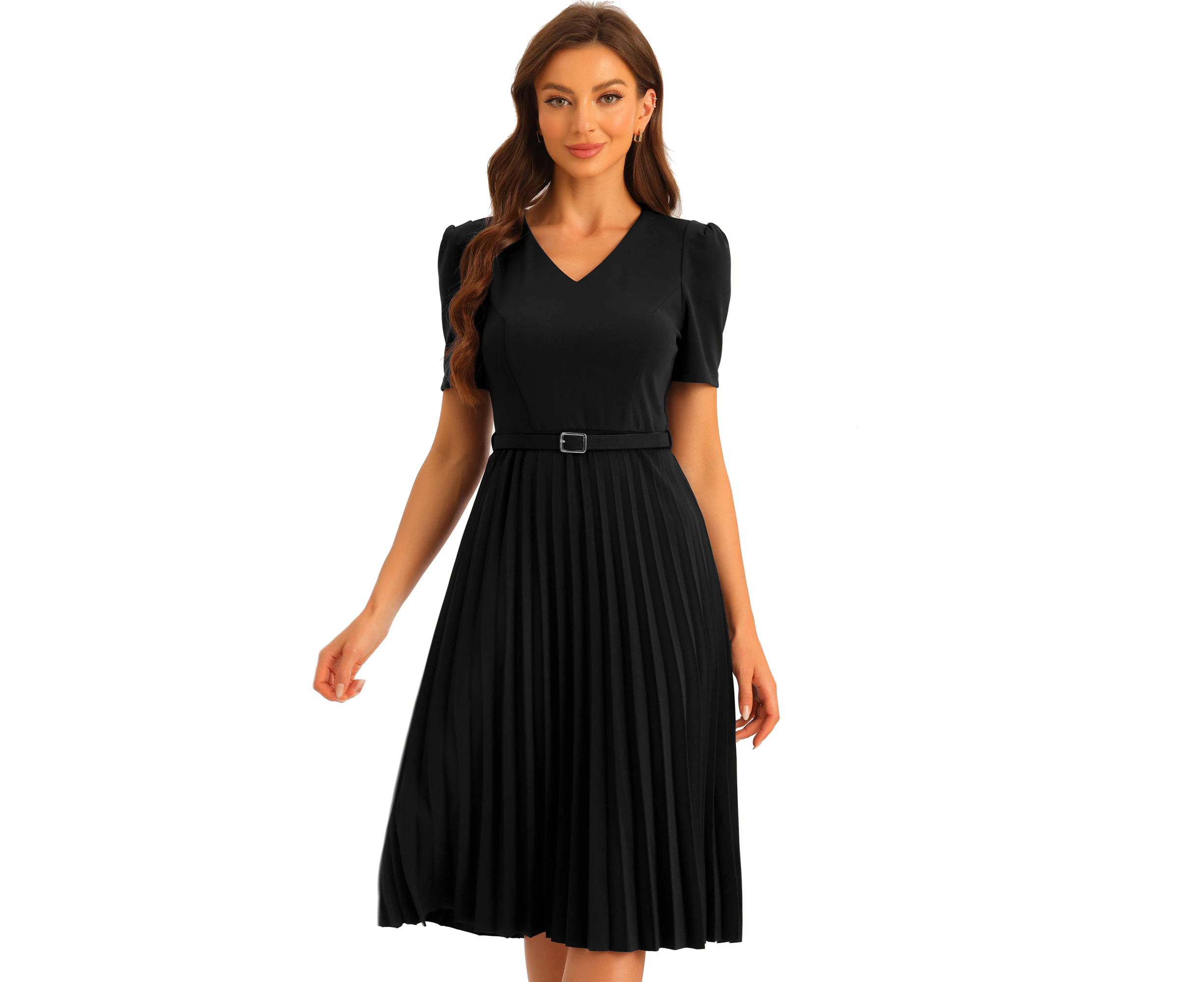 Allegra K Work V-Neck Short Sleeve A-Line Pleated Dress Black