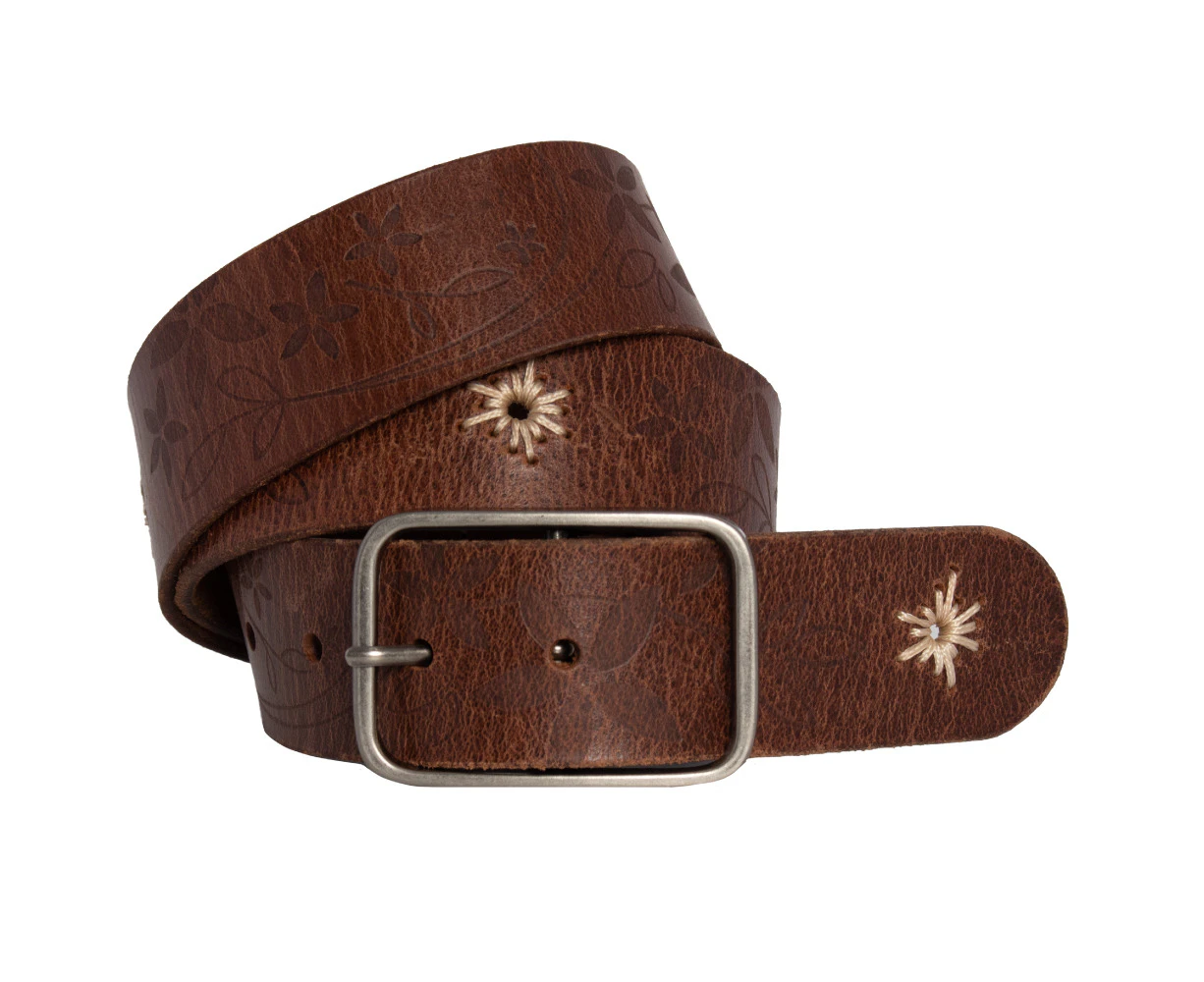 Loop Women's Vintage Leather Belt with Floral Emboss & Handlacing in Diesel Tan