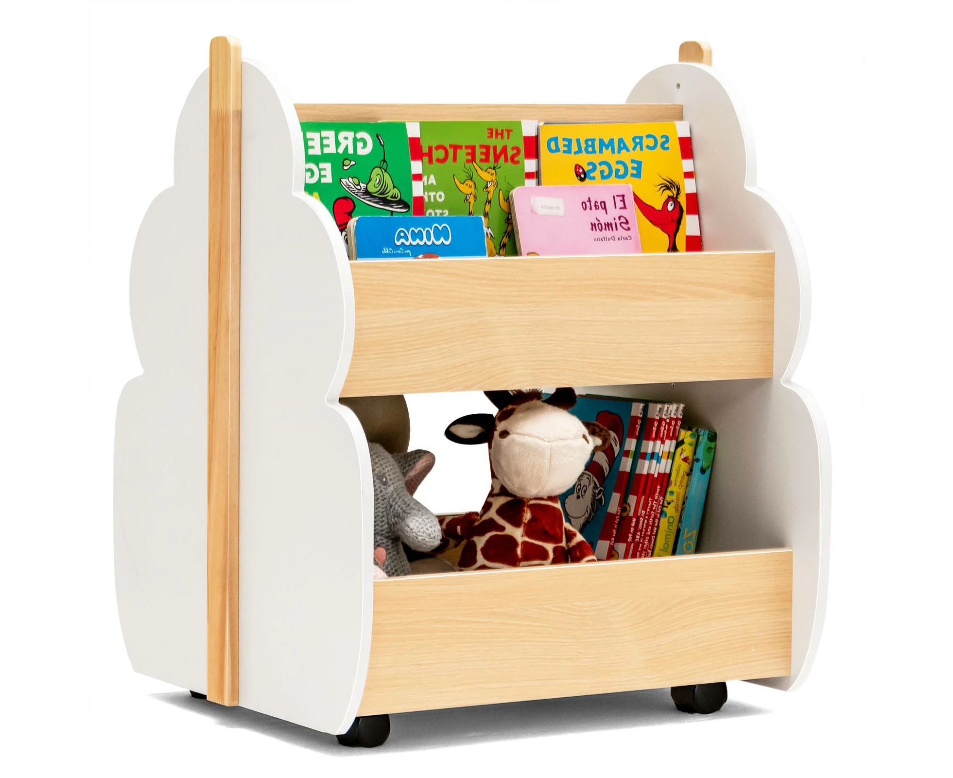 2-Tier Kids Wooden Bookshelf Storage Bookcase w/Universal Wheels Display Shelf Toy Organizer White