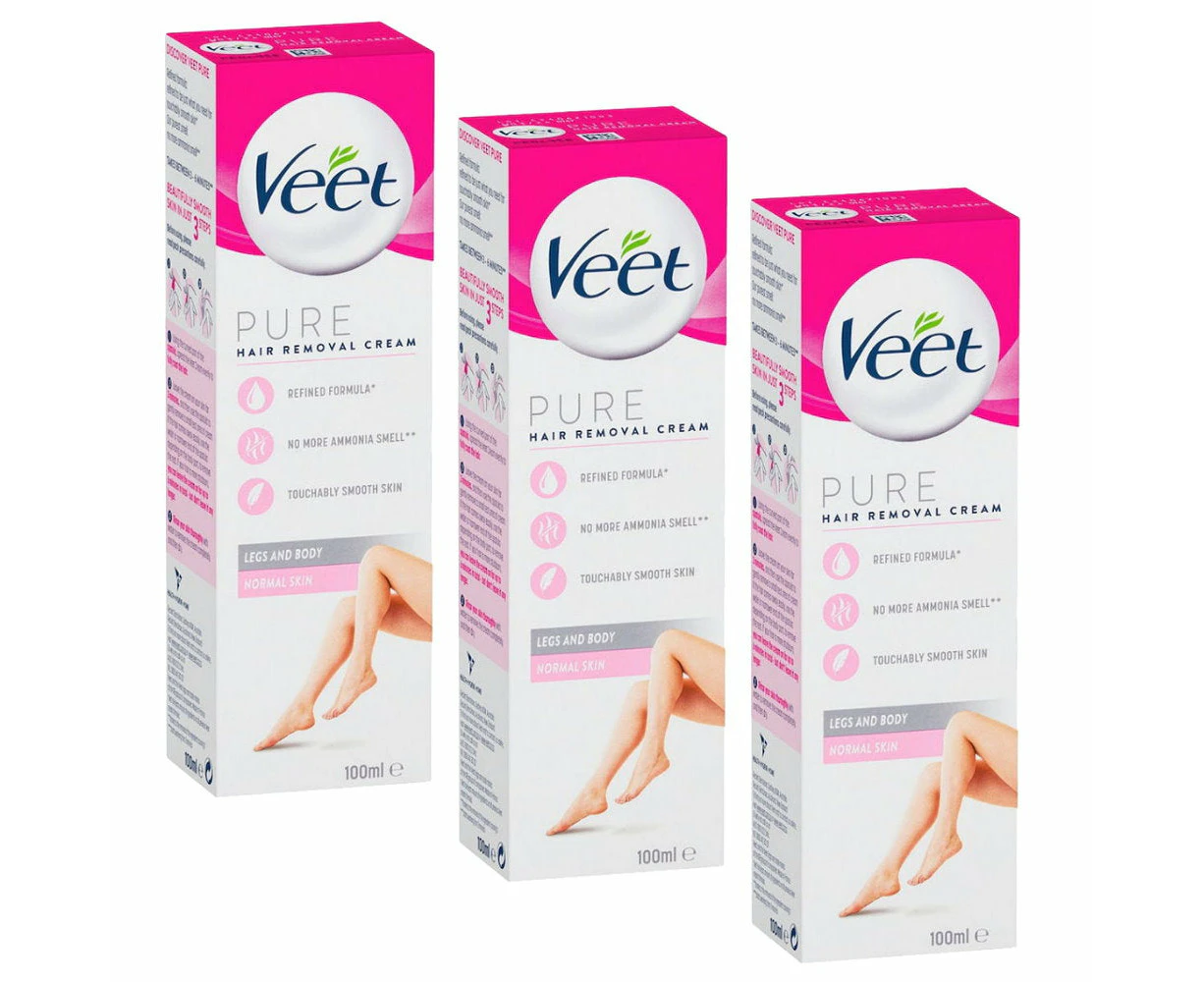 3x Veet Pure Hair Removal Cream Legs And Body Normal Skin 100ml