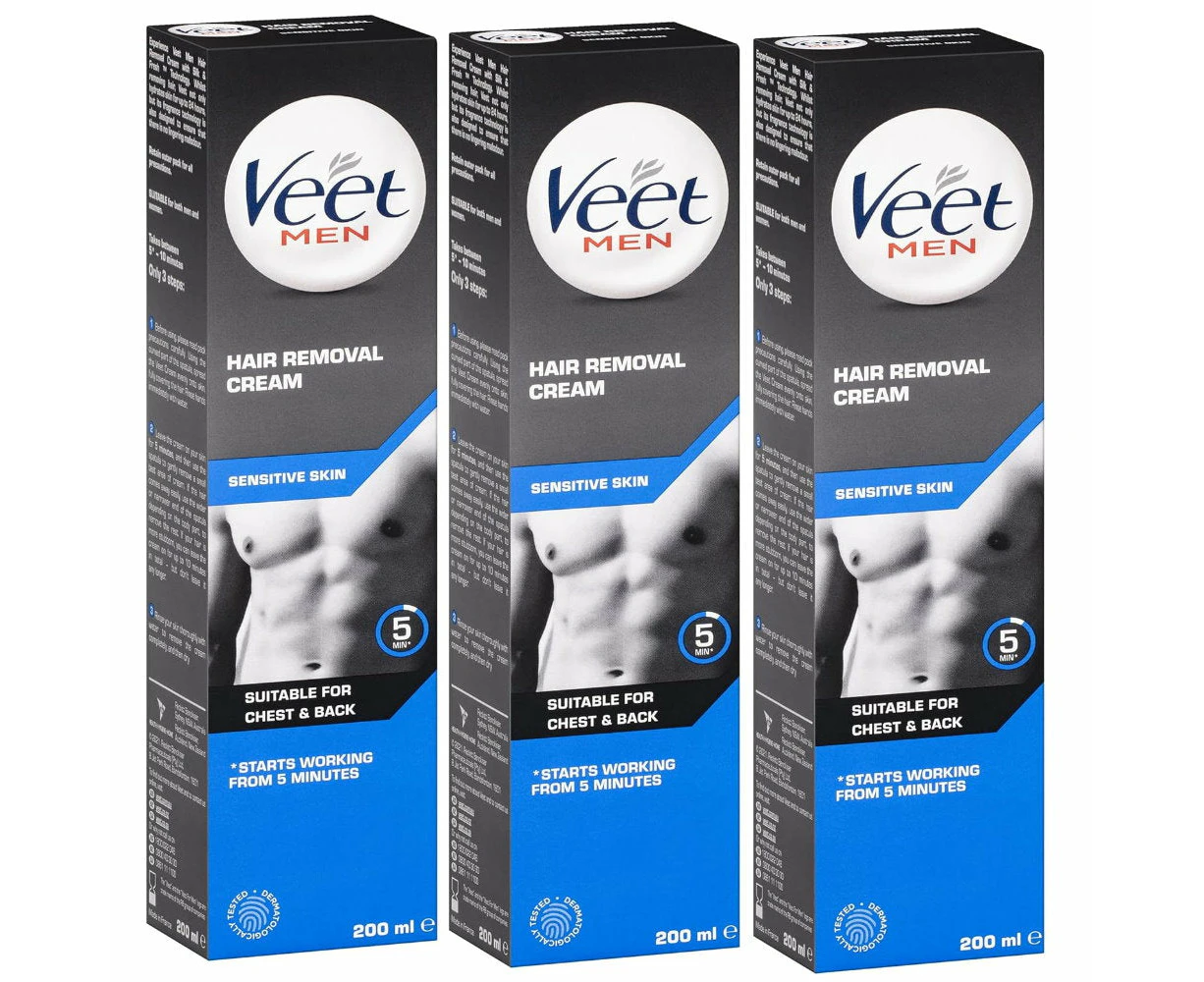 3x Veet Men Hair Removal Cream Sensitive Skin Chest and Back 200ml