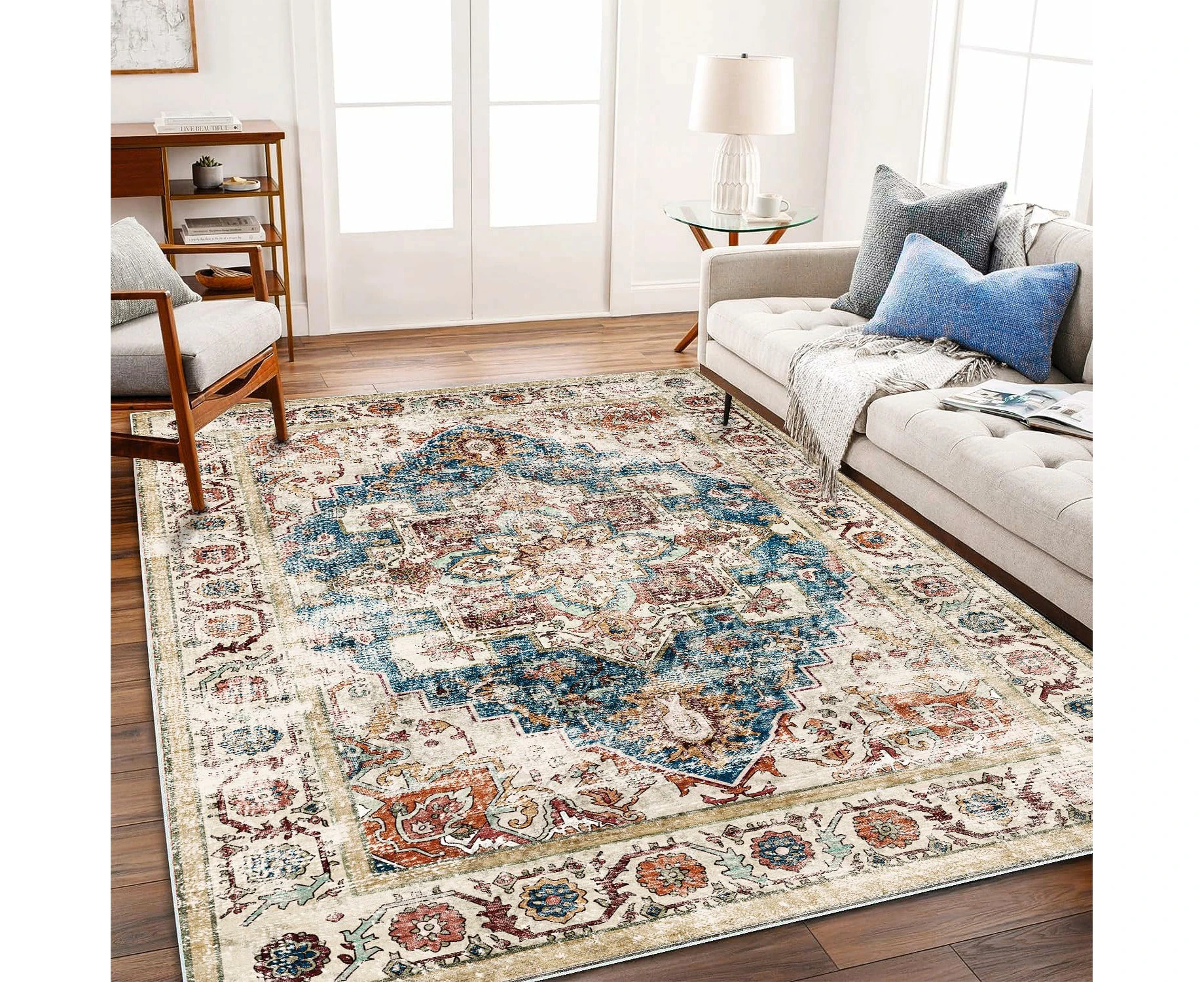 Washable Rug Traditional Distressed Thin Rug Retro Kitchen Indoor Floor Cover Non Slip Carpet Floral Print Mat Living Room Bedroom