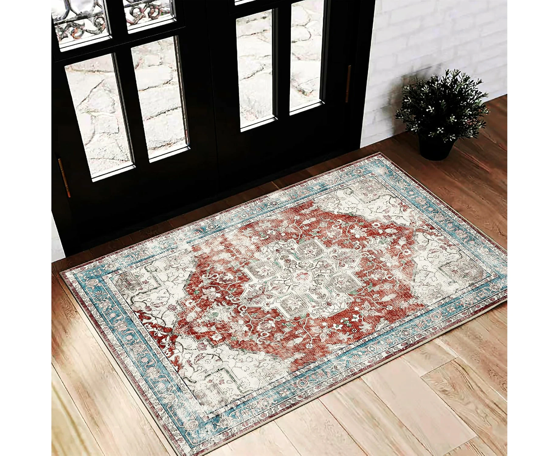 Washable Rug Traditional Distressed Thin Rug Retro Kitchen Indoor Floor Cover Non Slip Carpet Floral Print Mat Living Room Bedroom