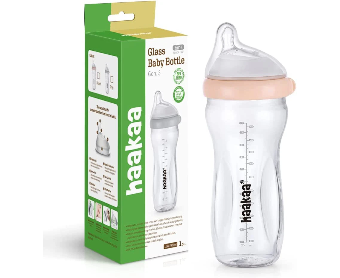 haakaa Gen.3 Glass Baby Bottle 300ml, with Anti-Colic Valve, Fast Flow, Mimic Breastfeeding, temprature Resistant (Peach)…