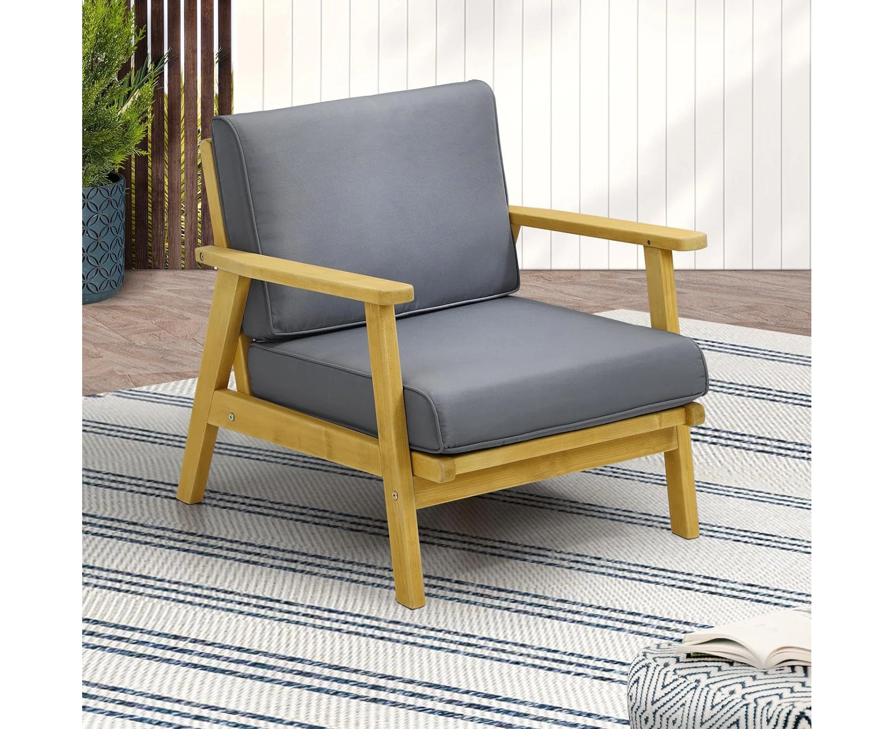 Livsip Outdoor Chair with Cushion Outdoor Furntiure Patio Garden Armchair Wooden