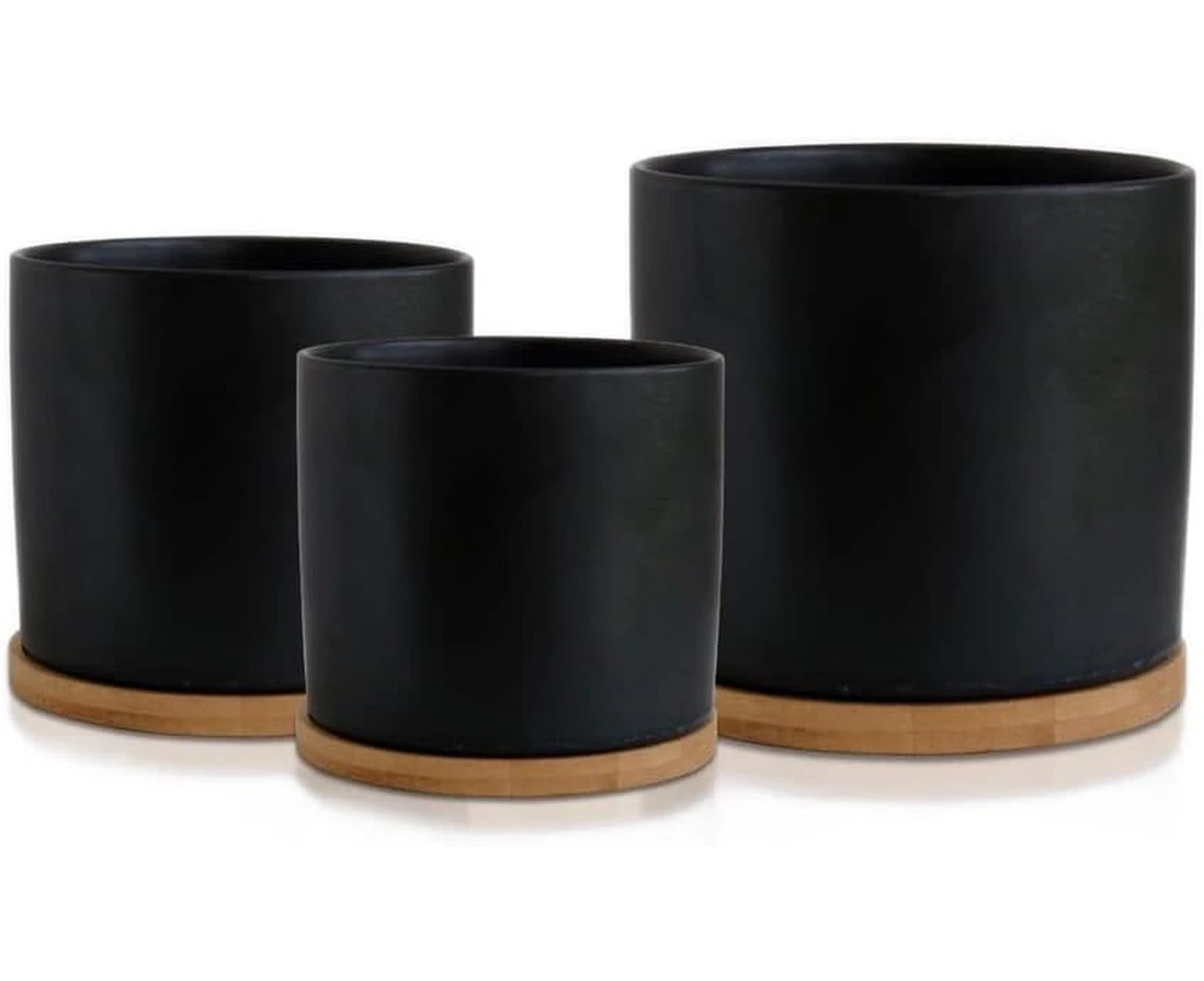 Matt Black Set 3 Ceramic Plant Pots with Bamboo Coasters Indoor Planters White Pot Ser Ceramic Flower Pots Containers Outdoor Large, Medium, Small with Sau