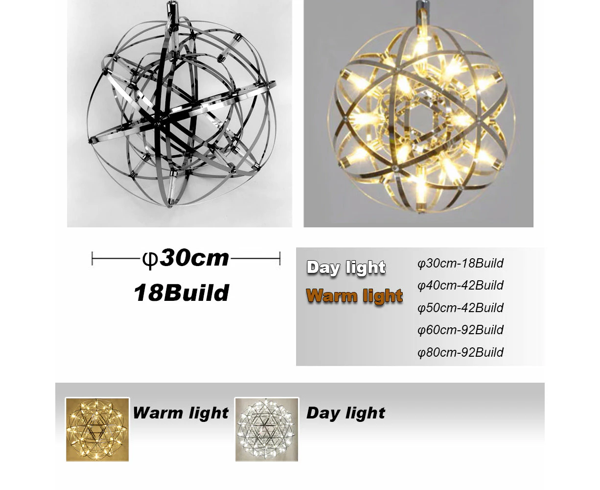 AU Stainless Steel Frame Round Ball Chandelier Ceiling Pendant Light Fireworks look - Day light