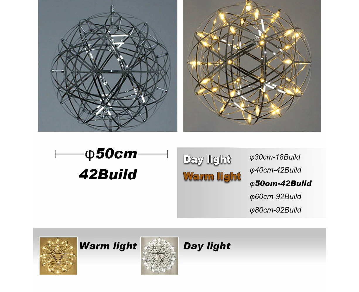 AU Stainless Steel Frame Round Ball Chandelier Ceiling Pendant Light Fireworks look - Warm light