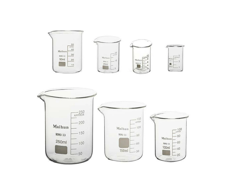 7PCS/Set Low Form Glass Beaker 5ml-250ml Borosilicate Measuring Lab Glassware