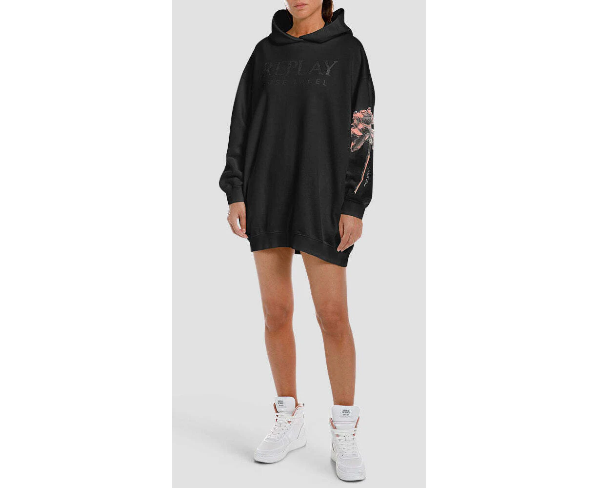 Replay Womens Sweat Dress Rose Label Hooded Sweatshirt Mini Black