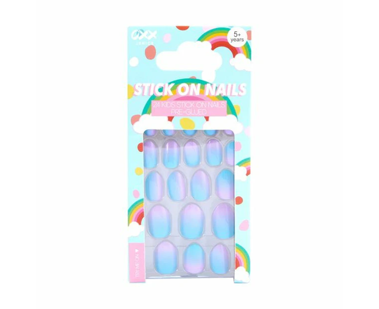 24 Pack Kids Pre-Glued Stick-On Nails, Blue and Lilac Glazed Ombre - OXX Junior