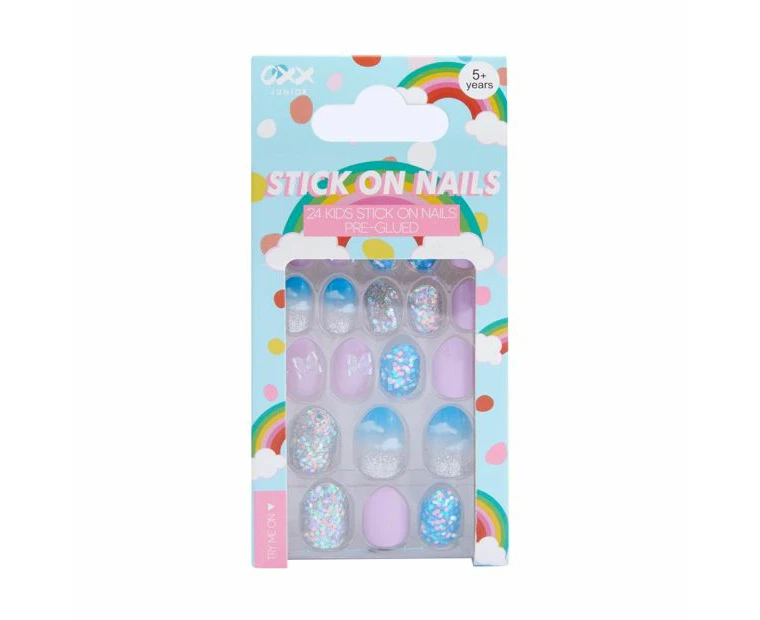 24 Pack Kids Pre-Glued Stick-On Nails, Chunky Glitter and 3D Butterfly - OXX Junior