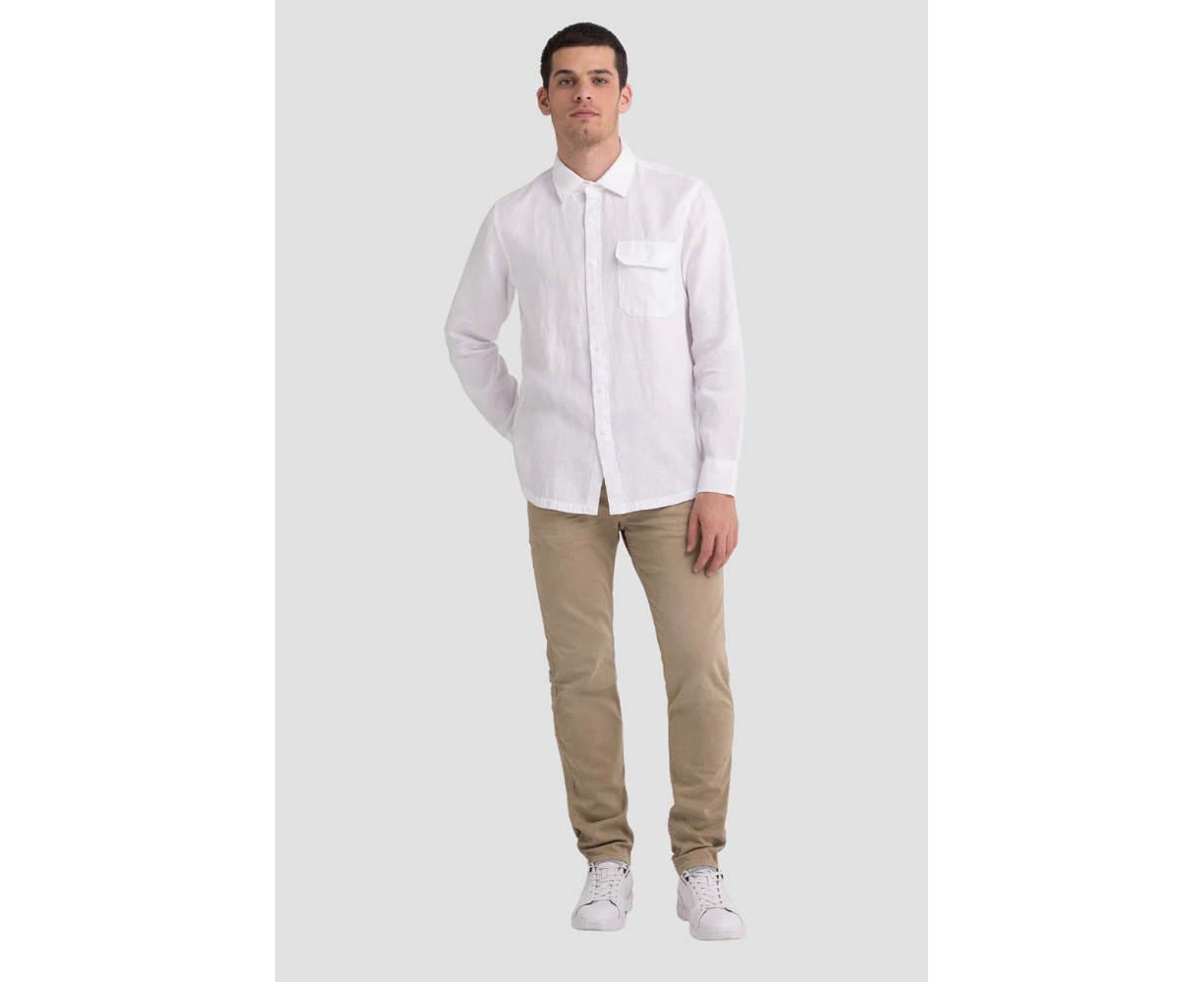 Replay Mens Linen Shirt w/ Pocket Long Sleeve White