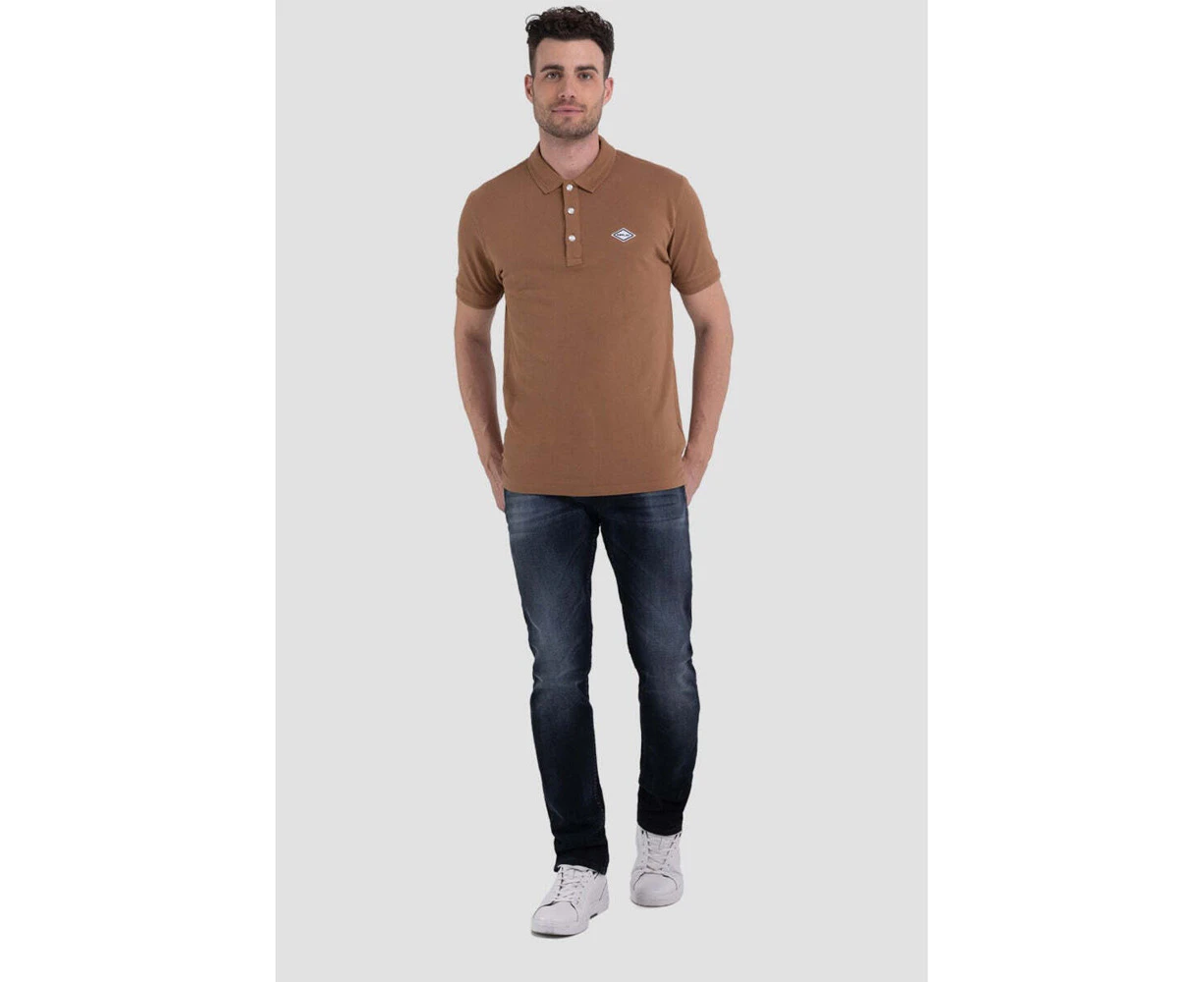 Replay Mens Pique Polo Shirt w/ Print Garment-Dyed Cotton Brown