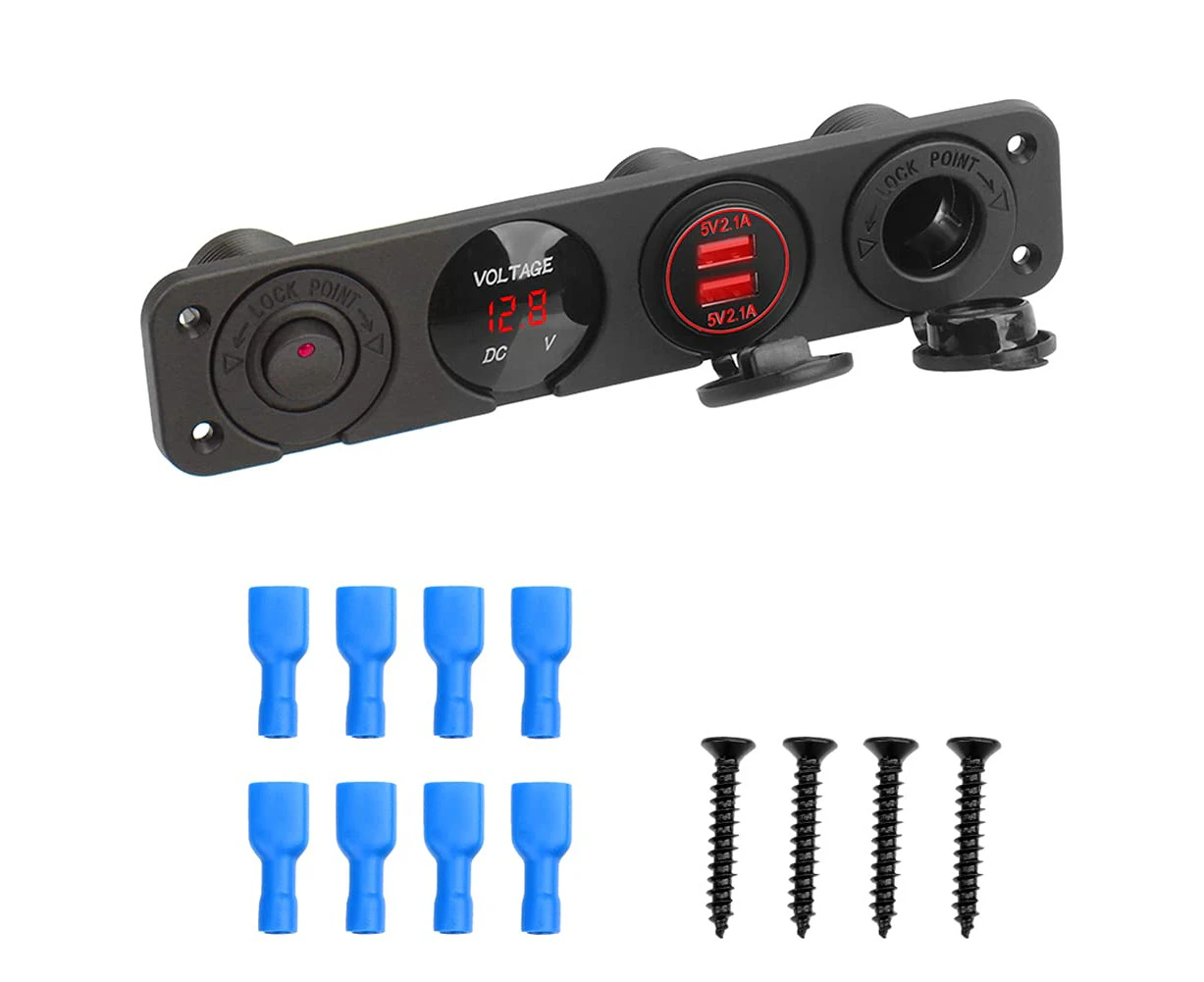 4 in 1 Charger Socket Panel, 2.1A&2.1A Dual USB Socket Charger + LED Voltmeter + 12V Outlet + ON-Off Toggle Switch Four Functions Panel for Car Boat Marine