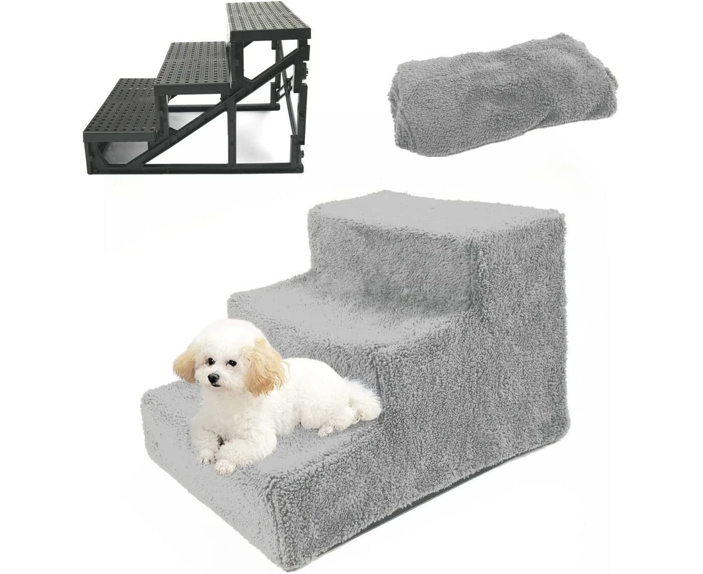 Pet Stairs 3 Steps Portable Cat Dog Ladder w/Cover Step Ramp Climb for Pup Play (Grey)