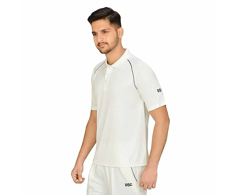 DSC Atmos Half Sleeve Polyester Cricket T-Shirt Large (White/Navy) | Enhanced Breathability | Classic Fit, Breathable Fabric, Stylish Design