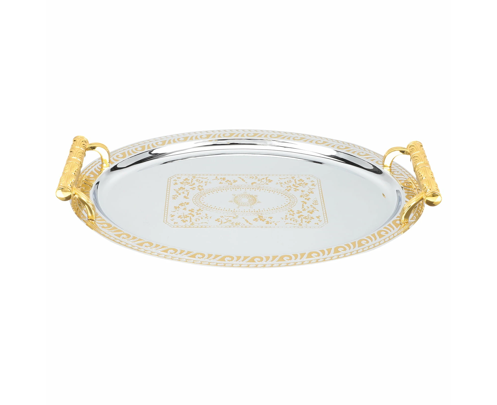 Oval Stainless Steel Serving Tray with Handle - Golden 32cmx24cm