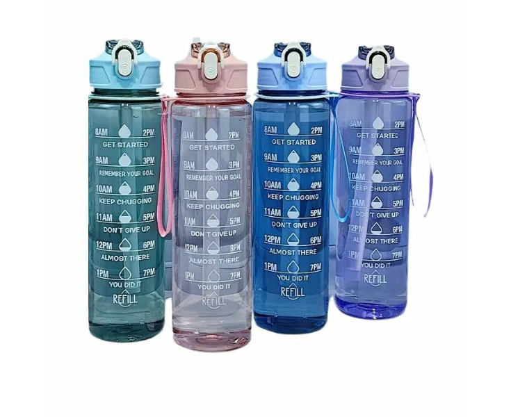 Motivational 1L Assorted Clear Plastic Water Bottle with Straw (colour selected at random)