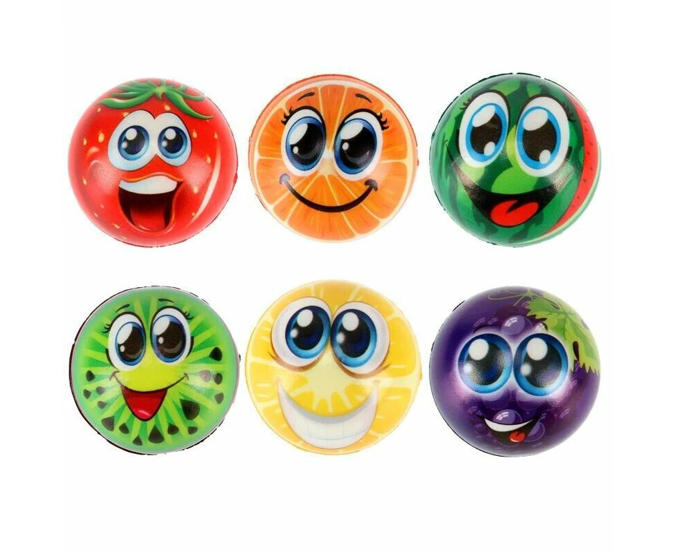 6PK Squeeze Me Smiley Fruit Stress Relief Ball Foam Hand Soft Assorted Designs