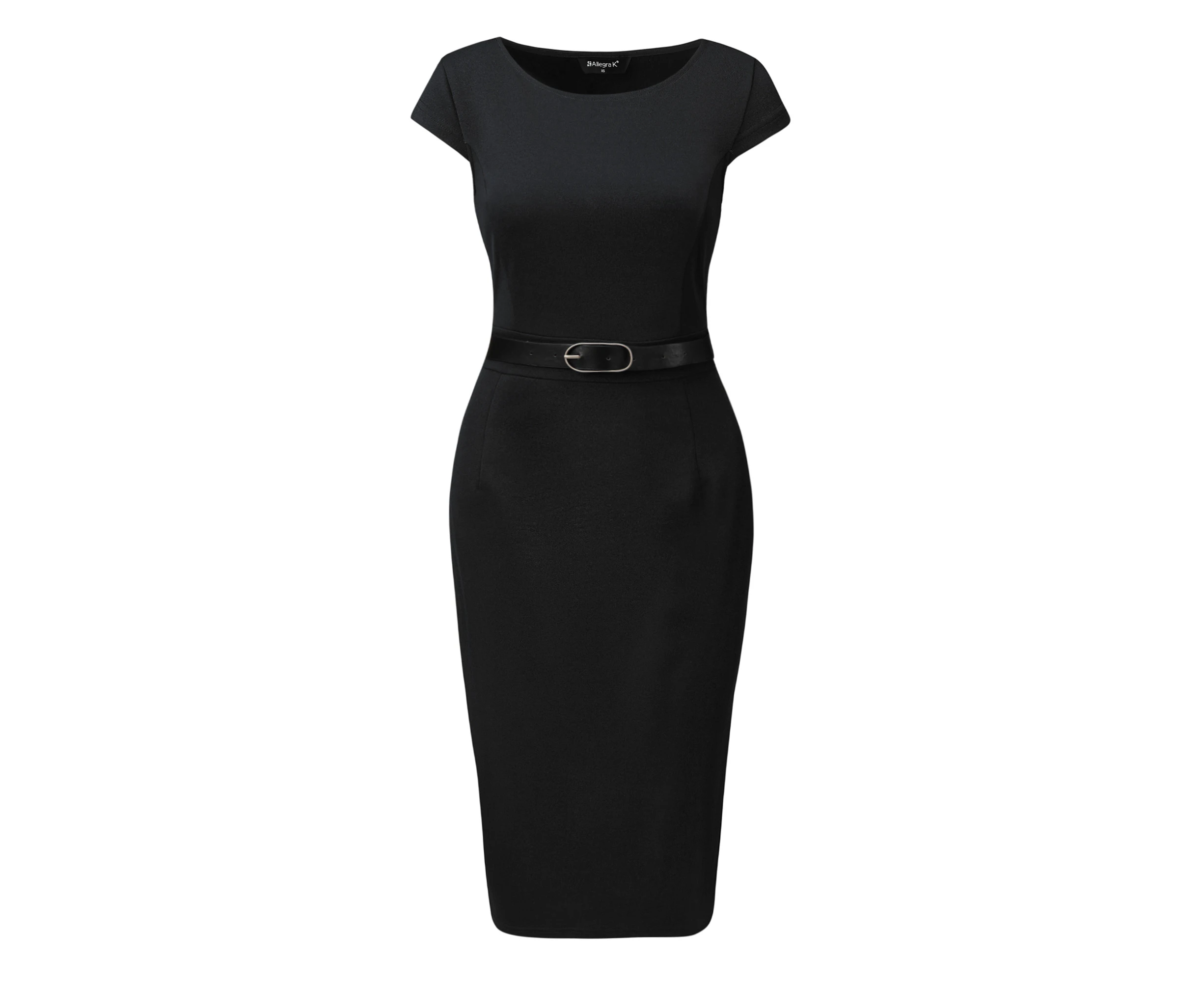 Allegra K Sheath Elegant Boat Neck Belted Office Dress Black