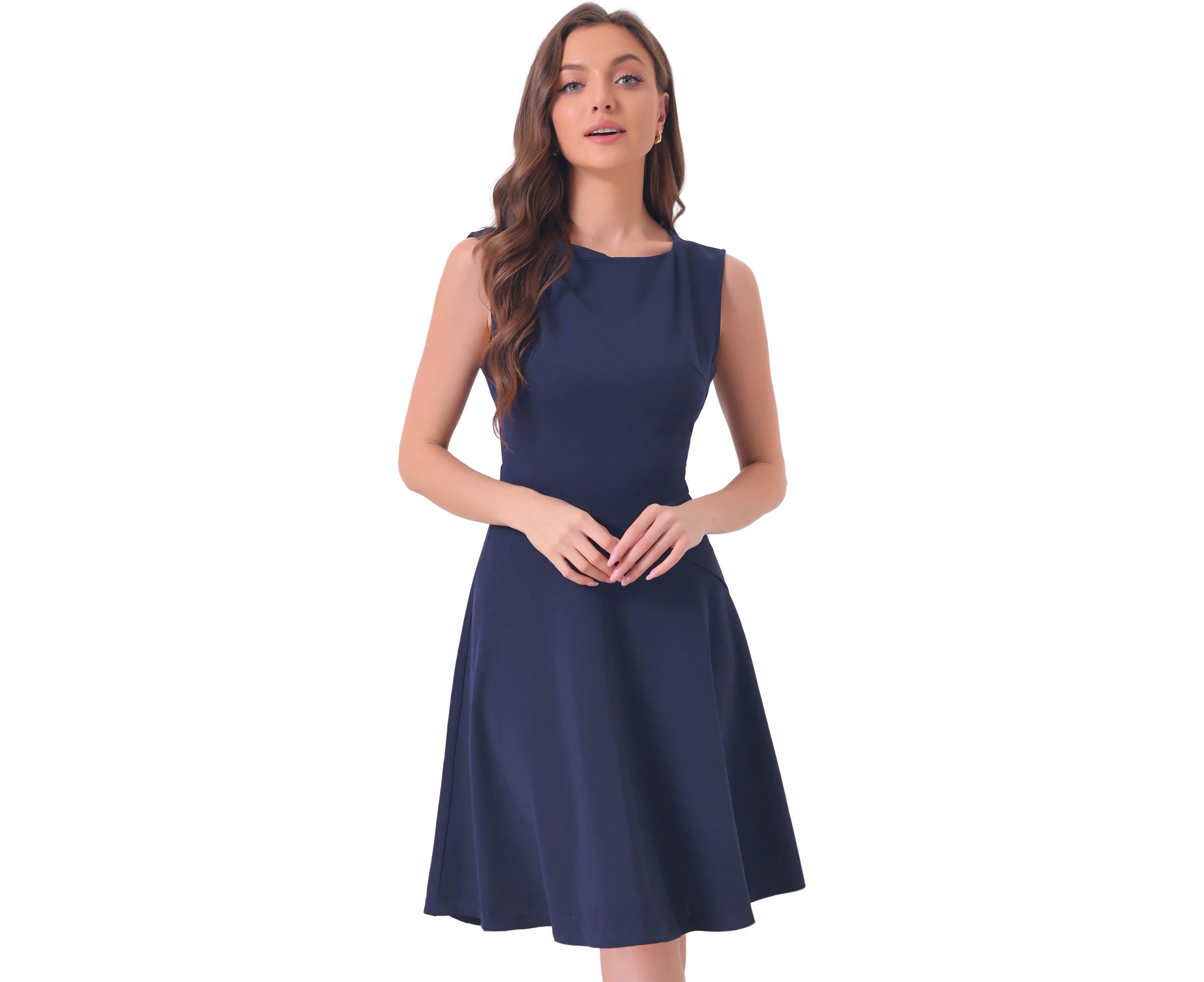 Allegra K Square Neck Elegant Office Sleeveless A-Line Dress Dark Blue