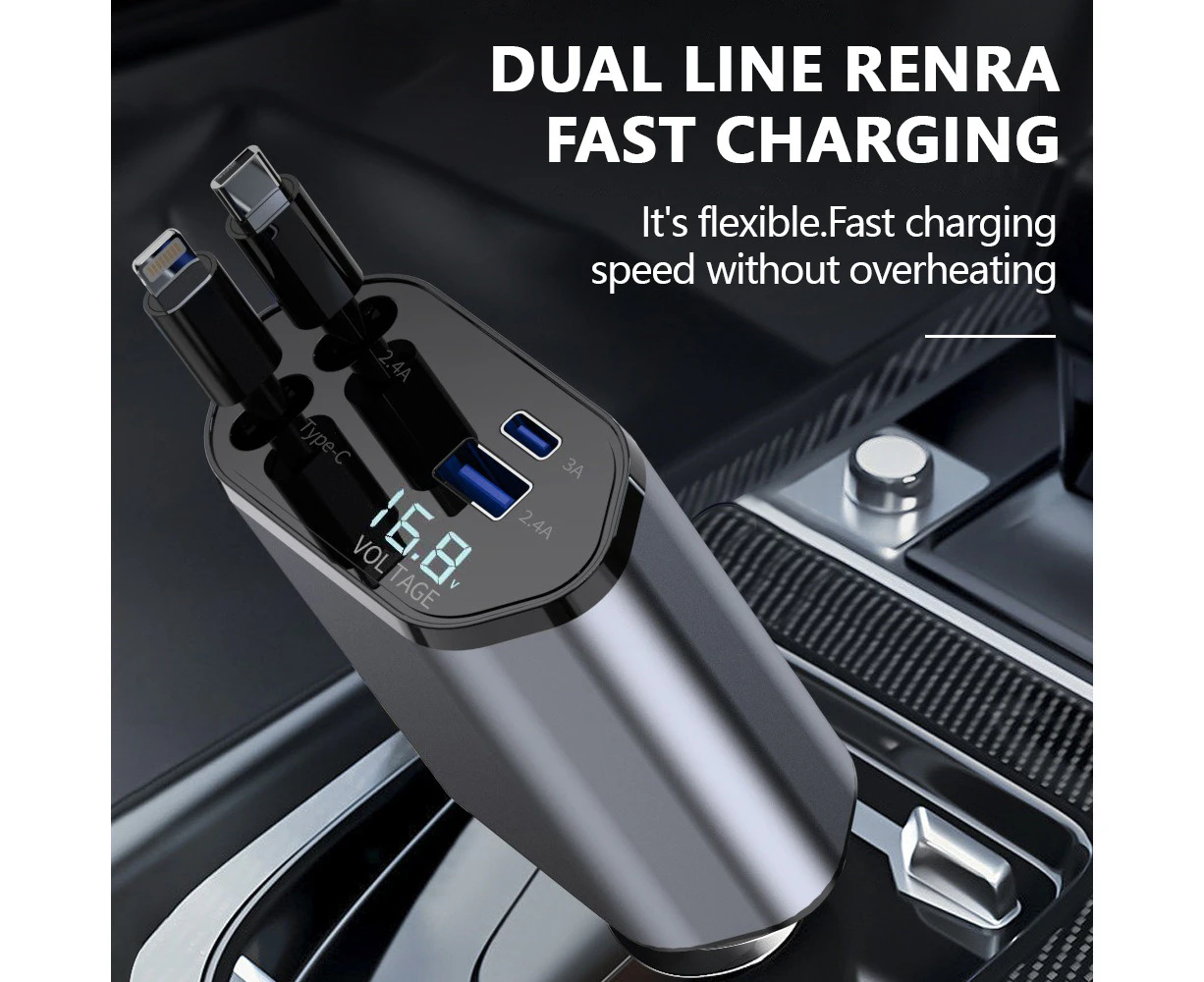 4 IN 1 Retractable Car Charger Cable Dual Port USB-C PD Fast Charging Adapter 120W Type C Cable For Phone Fast Charge