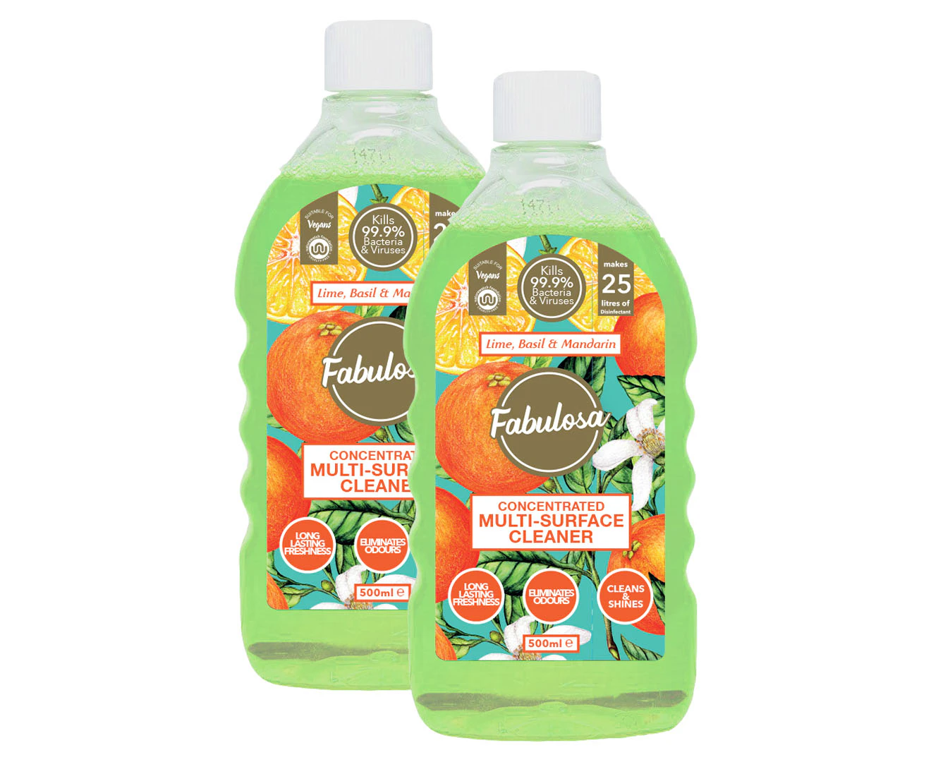 2 x Fabulosa Concentrated Multi-Surface Disinfectant Cleaner Lime, Basil & Mandarin 500mL