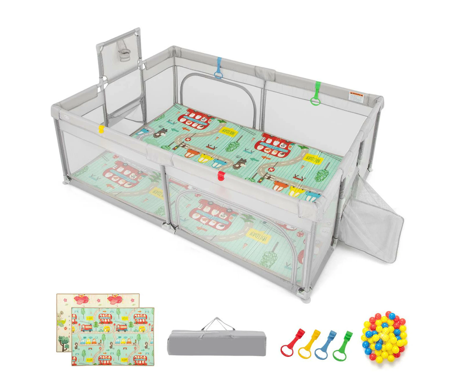 Costway Portable Playpen  security Gate Play Fence w/Mat & Carry Bag, Light Grey 207x145x68 cm