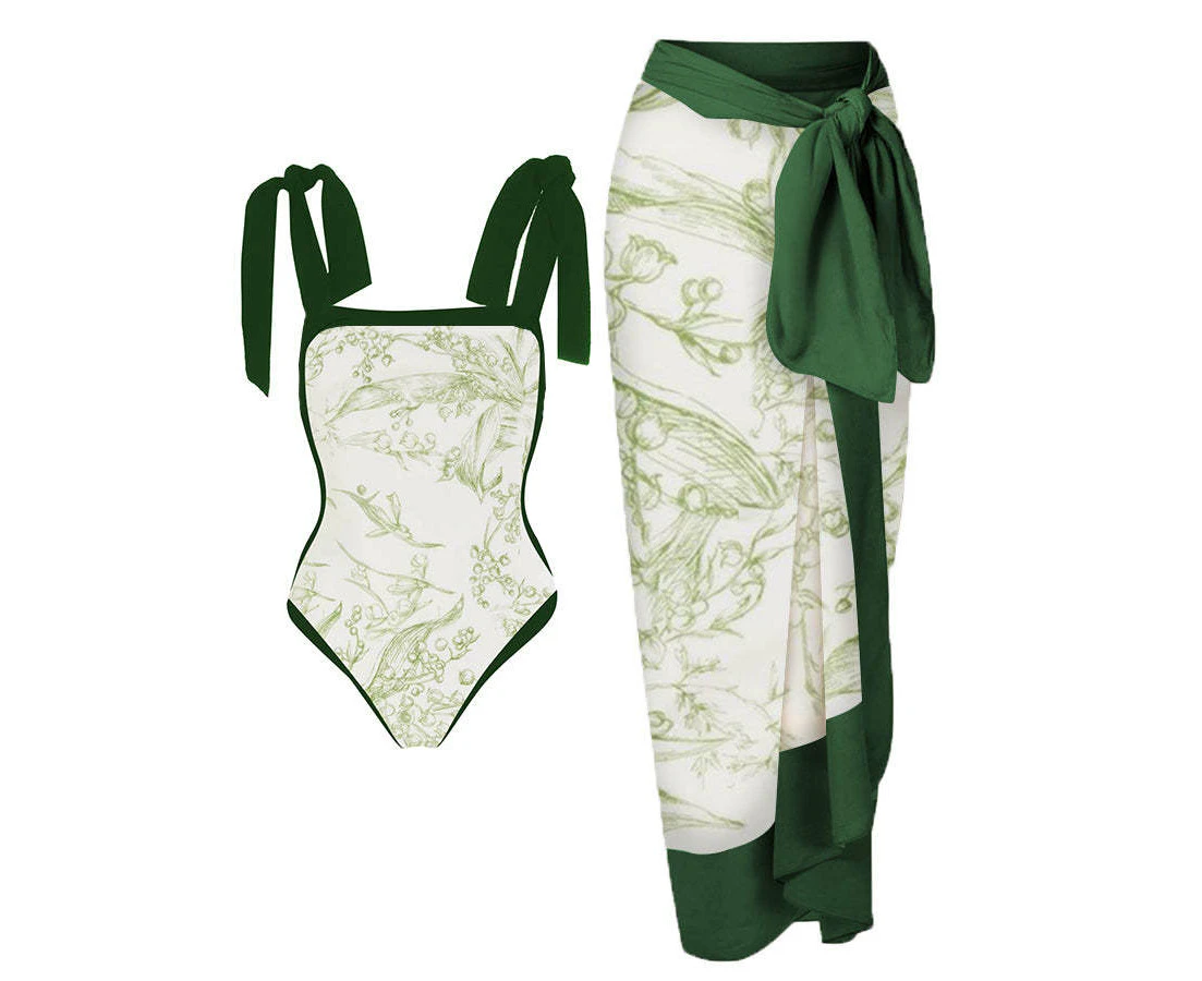 Fixed printed two-piece one-piece swimsuit with conservative coverage of hip skirt and partial swimsuit,