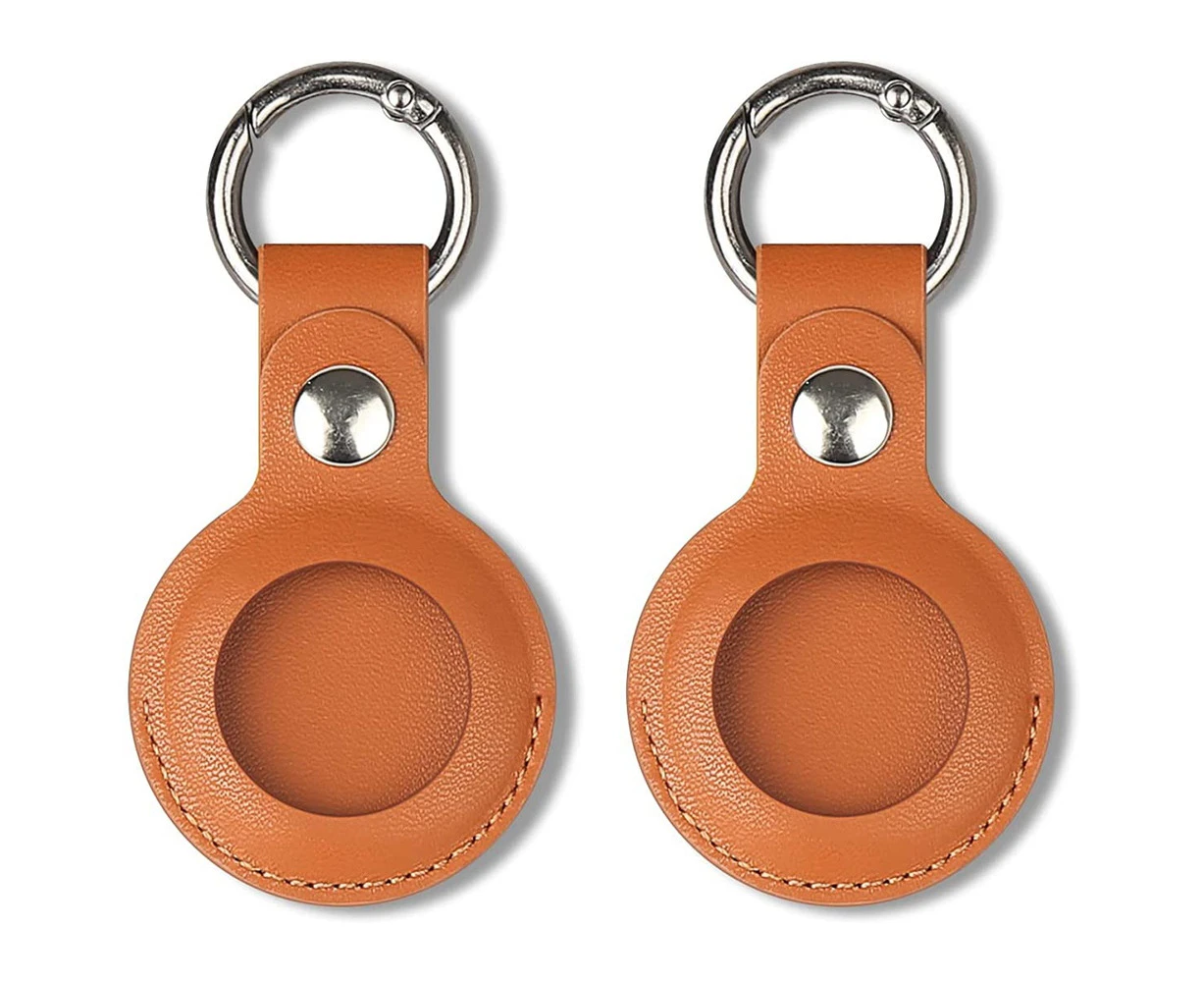 2Pcs Case Compatible for , PU Leather Skin Cover with Keychain Holder Key Ring for Air Tag Accessories Brown