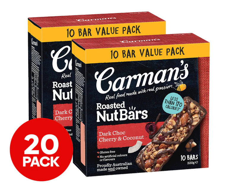 2 x 10pk Carman's Nut Bars Value Pack Dark Choc, Cherry & Coconut 320g