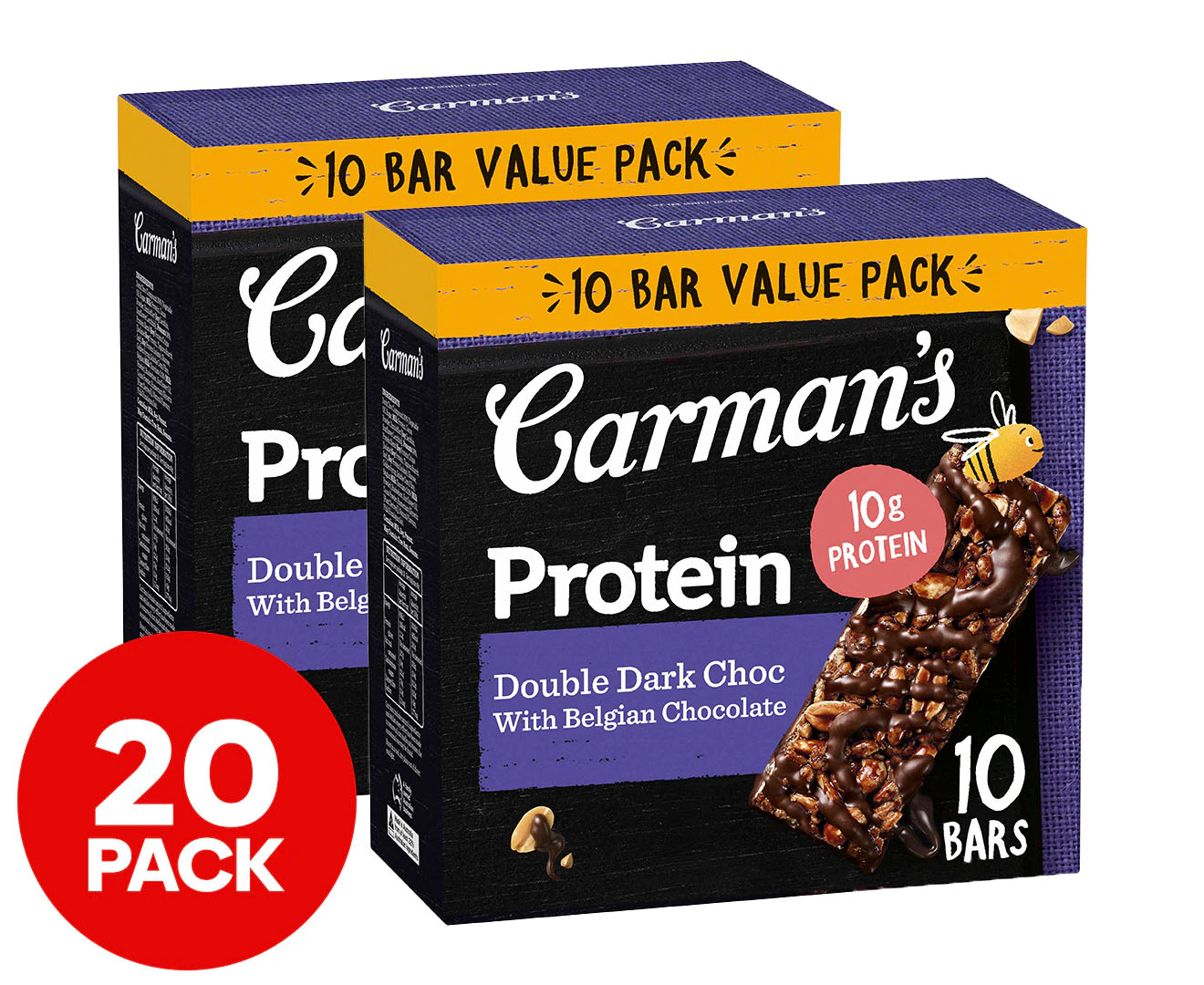 2 x 10pk Carman's Protein Bars Value Pack Double Dark Choc 400g