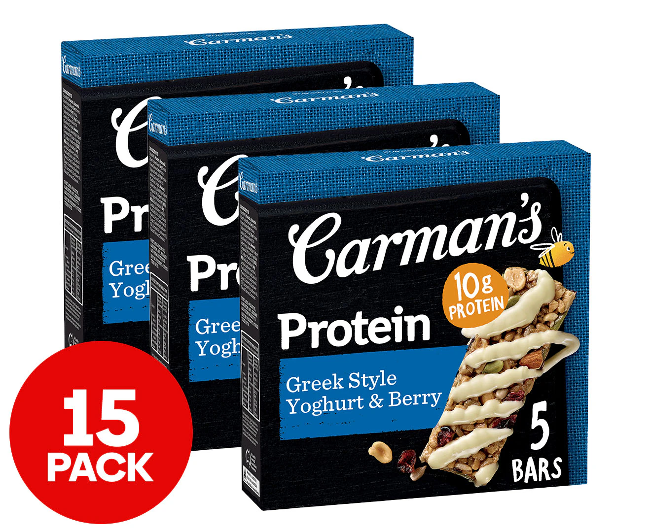 3 x 5pk Carman's Protein Bars Greek Style Yoghurt & Berry 200g