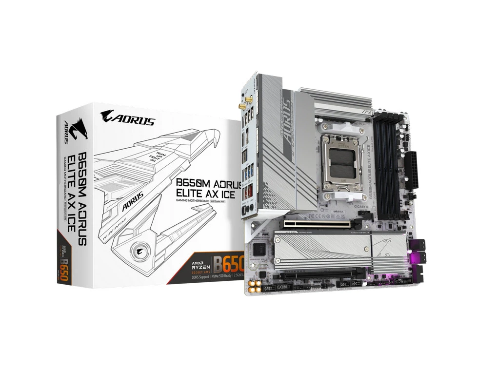 Gigabyte B650M AORUS ELITE AX ICE Motherboard, for AMD CPU, DDR5, AM5, Micro-ATX