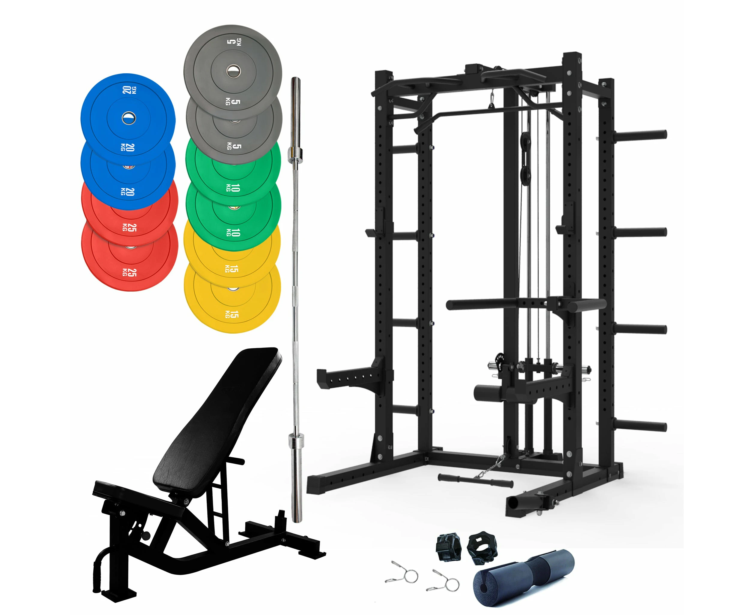 Multifunctional Squat Rack Bundle - 150kg Colour Weight Plates, Barbell & Workout Bench