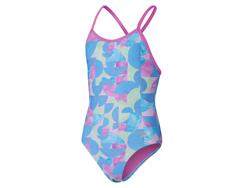 Speedo Youth Girls' Allover Digital V-Back One-Piece Swimsuit - Kiki Pink/Picton Blue/Matcha