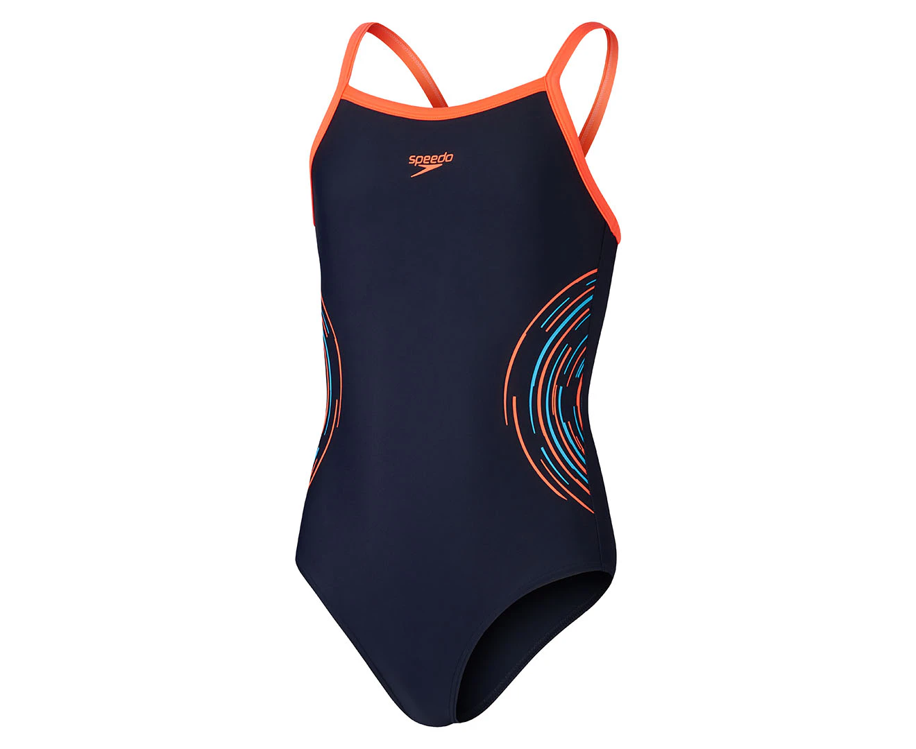 Speedo Girls' Plastisol Thinstrap Muscleback One-Piece Swimsuit - True Navy/Siren Red/Picton