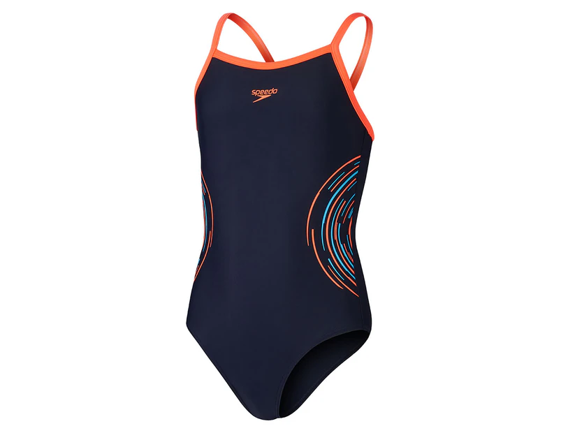 Speedo Girls' Plastisol Thinstrap Muscleback One-Piece Swimsuit - True Navy/Siren Red/Picton