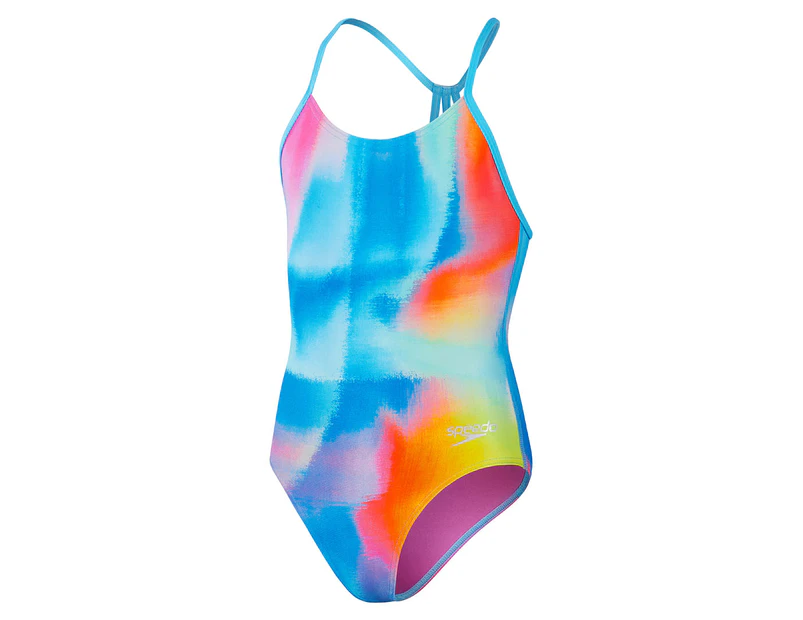 Speedo Youth Girls' Placement Lane Line Back One-Piece Swimsuit - Kiki Pink/Lemon Drizzle/Picton Blue