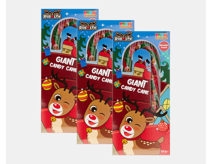 3 x Park Avenue Rudolph Giant Candy Cane Strawberry 57g