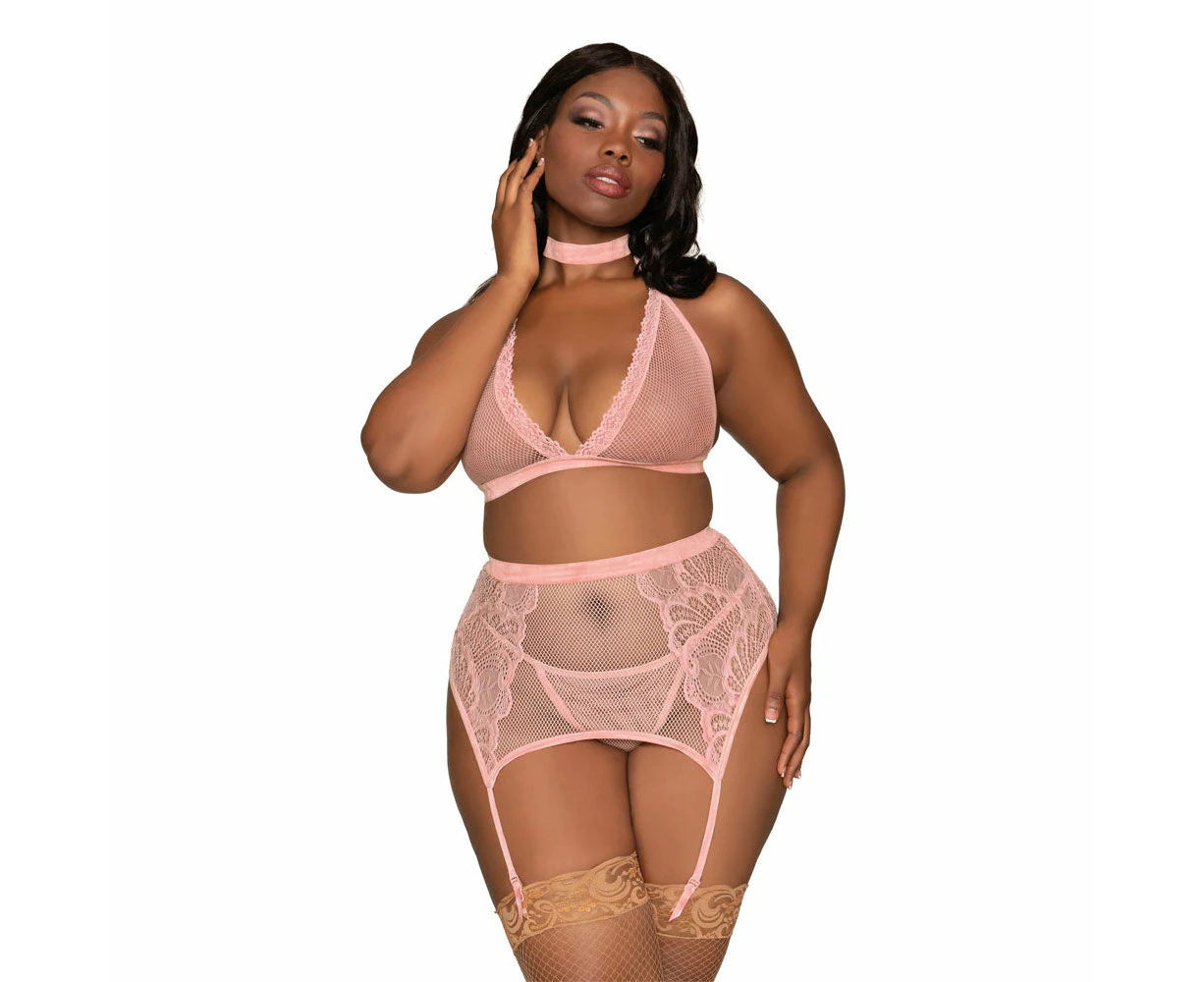 Dreamgirl Lingerie Fishnet & Lace Velvet Trims Halter Bralette & Garter Belt Pink 11776X