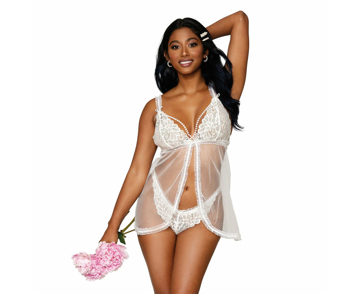 Dreamgirl Lingerie Stretch lace and diamond mesh babydoll and G-string set with ruffled elastic trims - 12834