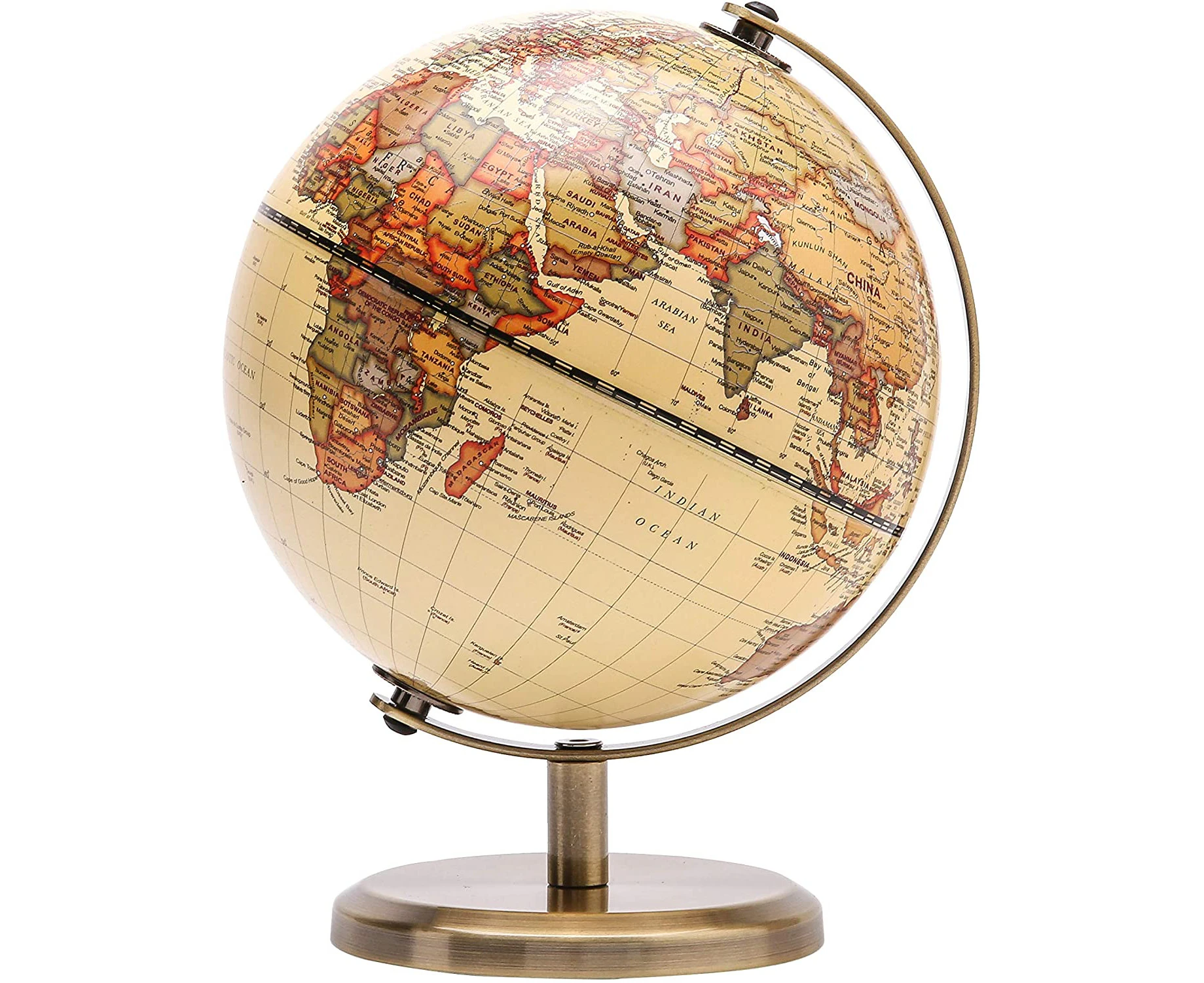 Exerz Antique World Globe (Dia 14CM)- Stainless Steel Arc and Base - Educational/Geographic/Modern Desktop Decoration -World Globe Diameter 14 CM