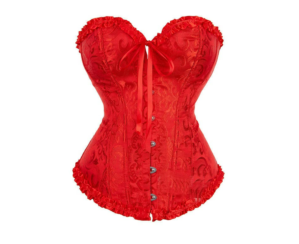 Women's Lace Up Boned Plus Size Overbust Corset Classic Bustier Bodyshaper Top-red