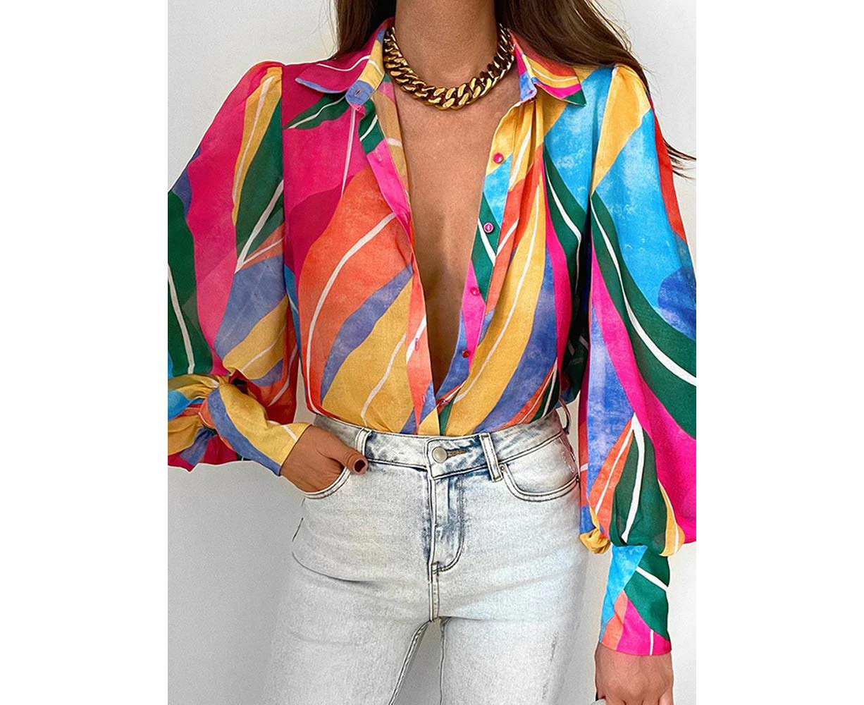 Long Lantern Sleeve Print Women Shirt Elegant Lapel Floral Pleated Office Ladies Shirts Summer Loose Fashion Tops - color