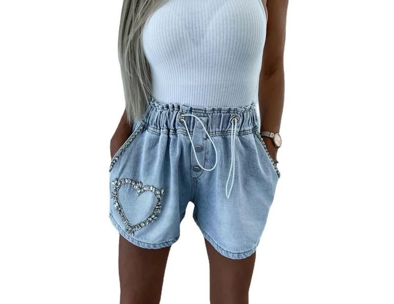 Women s High Waisted Rhinestone Denim Shorts Drawstring Elastic Waist Jean Shorts Love Catch