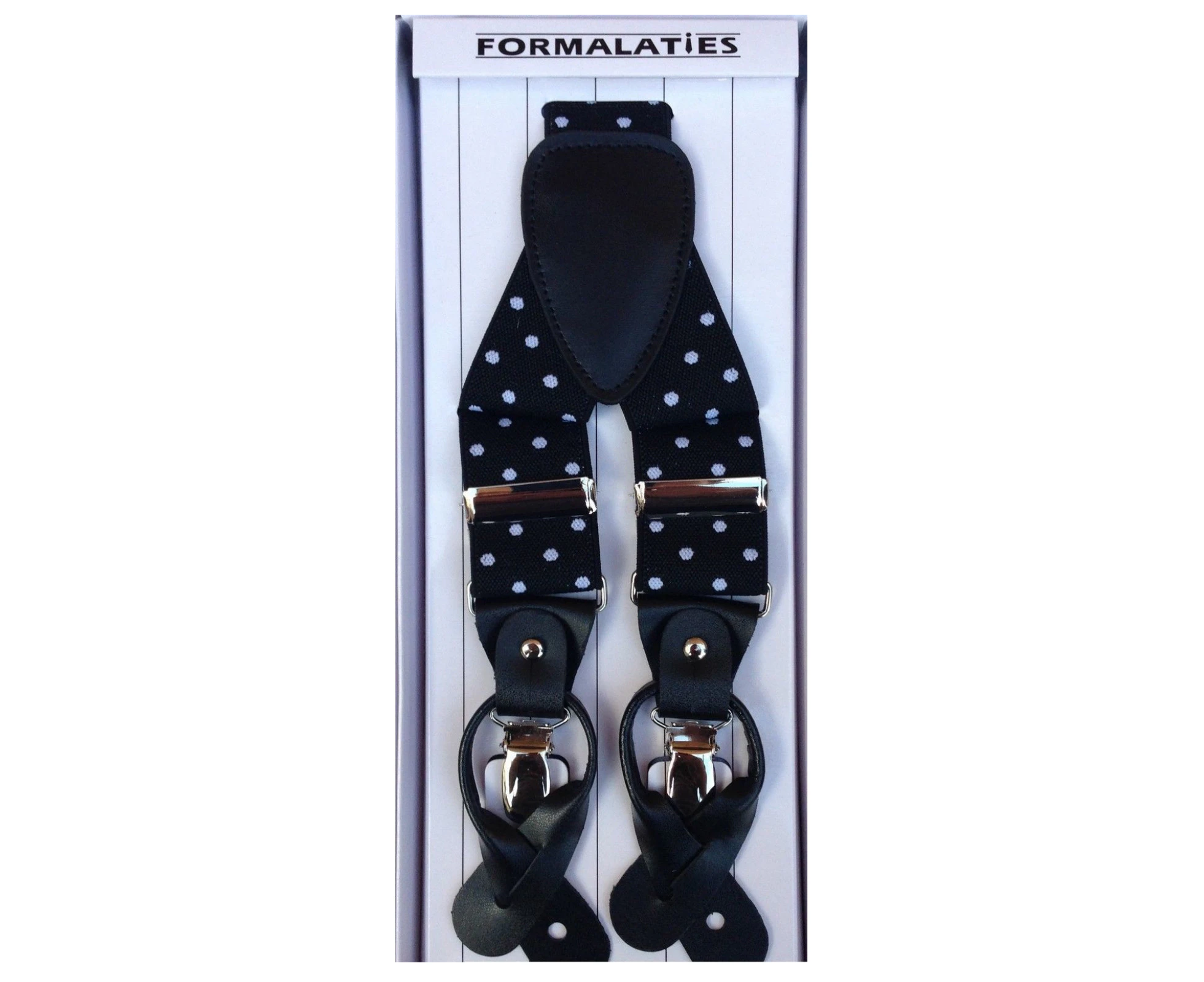 Mens Premium Convertible Suspenders Braces Clip On Elastic Y-Back Traditional Leather Tab - Polka Black/White